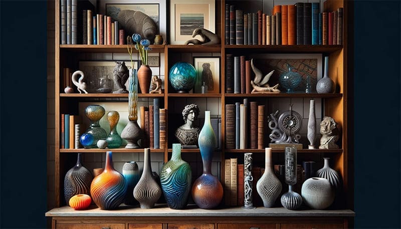 Eclectic Bookshelf with Glass Vases and Artifacts