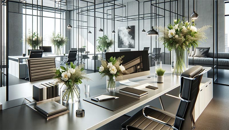 Sleek Office Space with Glass Vase Decor