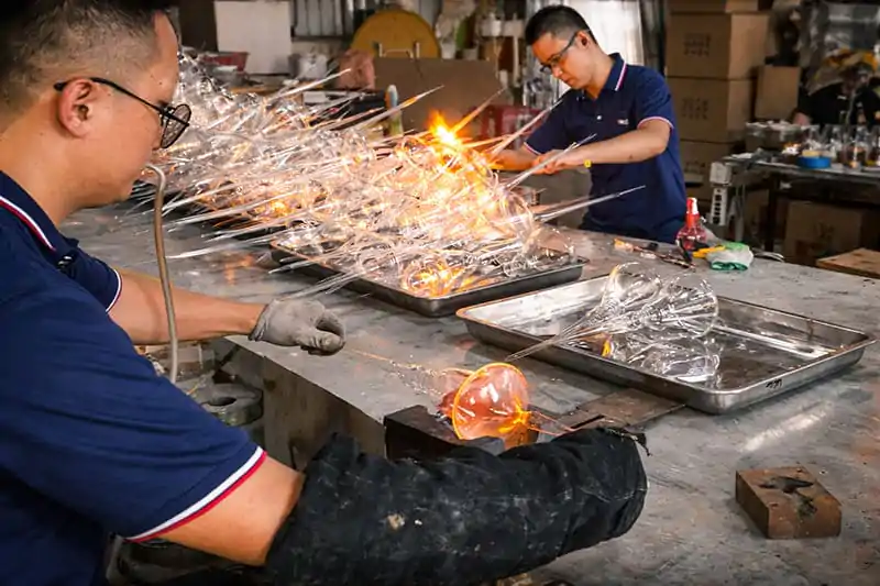 Glass cup manufacturer production process – workers shaping borosilicate glass in factory workshop